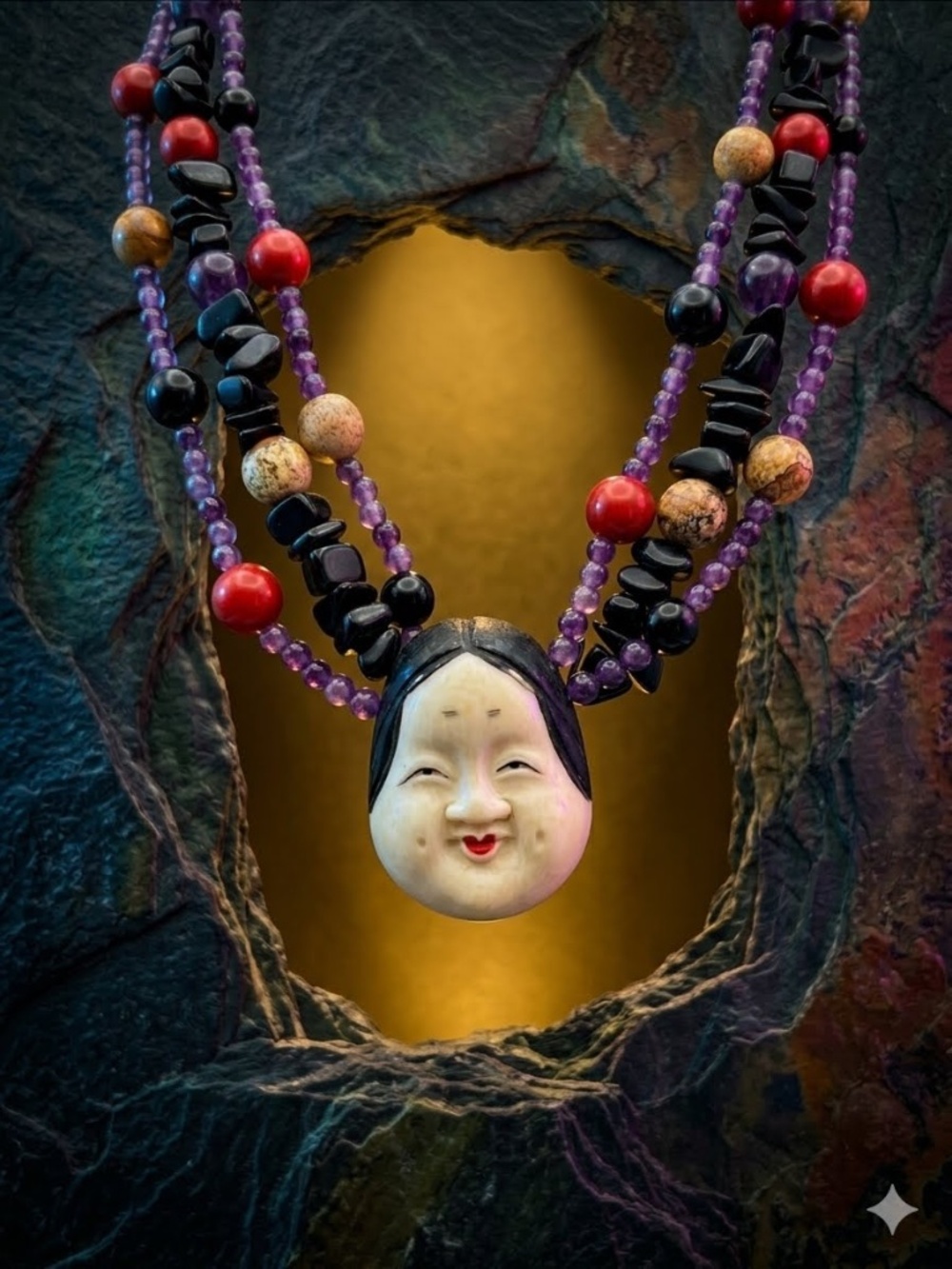 Beaded Artisan Necklace Netsuke Okame Moh Mask Pendant Amethyst Onyx Sterling